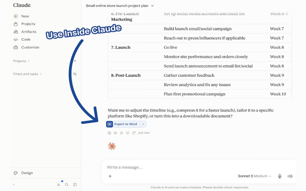 The ChatToWord Export to Word button under a Claude reply