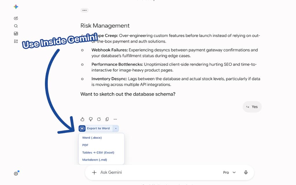 The ChatToWord Export to Word button with its format dropdown under a Gemini reply
